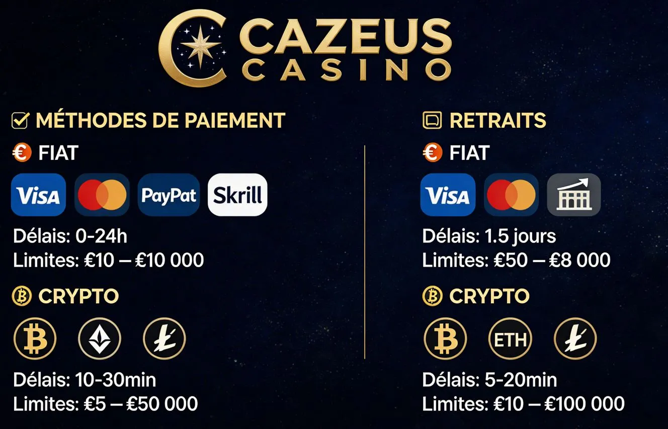 Paiements Cazeus Casino 2026 : Crypto, Délais et Limites Avis